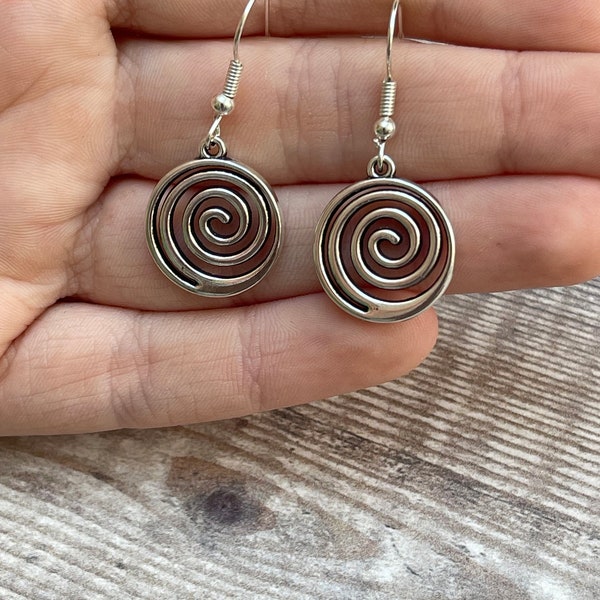 Silver spiral earrings, silver earrings, friend gift, dangly earrings, geometric earrings