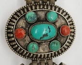 Vintage Silver Jewelry Pendant Locket Pray Trinket Box Turquoise Red Coral Jewelry