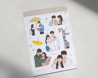 May include: A sticker sheet featuring illustrations of characters from the Korean drama "Lovely Runner". The sheet includes images of the main characters, including a couple holding an umbrella, a couple taking a selfie, and a couple walking together. The text "Lovely Runner" is printed on the sheet.