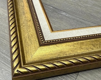 Gold Picture Frame | Rope & Beaded Design, Linen Liner | Custom Size