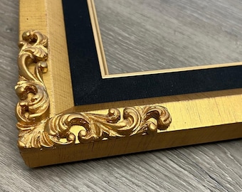 Antique Gold Ornate Picture Frame, Black Linen Liner, Baroque Style