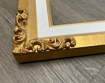 Antique Gold Ornate Picture Frame, French Baroque Style, Linen Liner