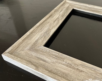 May include: Close-up of a corner of a gray wood picture frame with a slightly distressed finish.