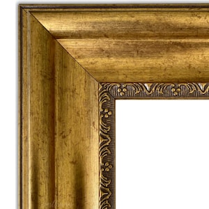 May include: A gold picture frame with a decorative, ornate border. The frame has a distressed, antique look.