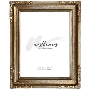 May include: Ornate gold picture frame with a 3.5-inch width. The frame features detailed carvings and the text "westframes PICTURE FRAME". The frame is designed to hang vertically or horizontally.