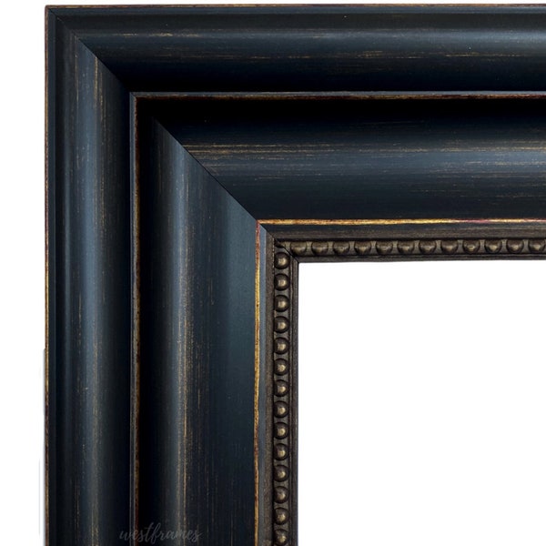 Distressed Black and Gold Wall Picture Frame, Canvas Art Photo Frame 3" Wide, Custom Size Available, West Frames Montreal Frame