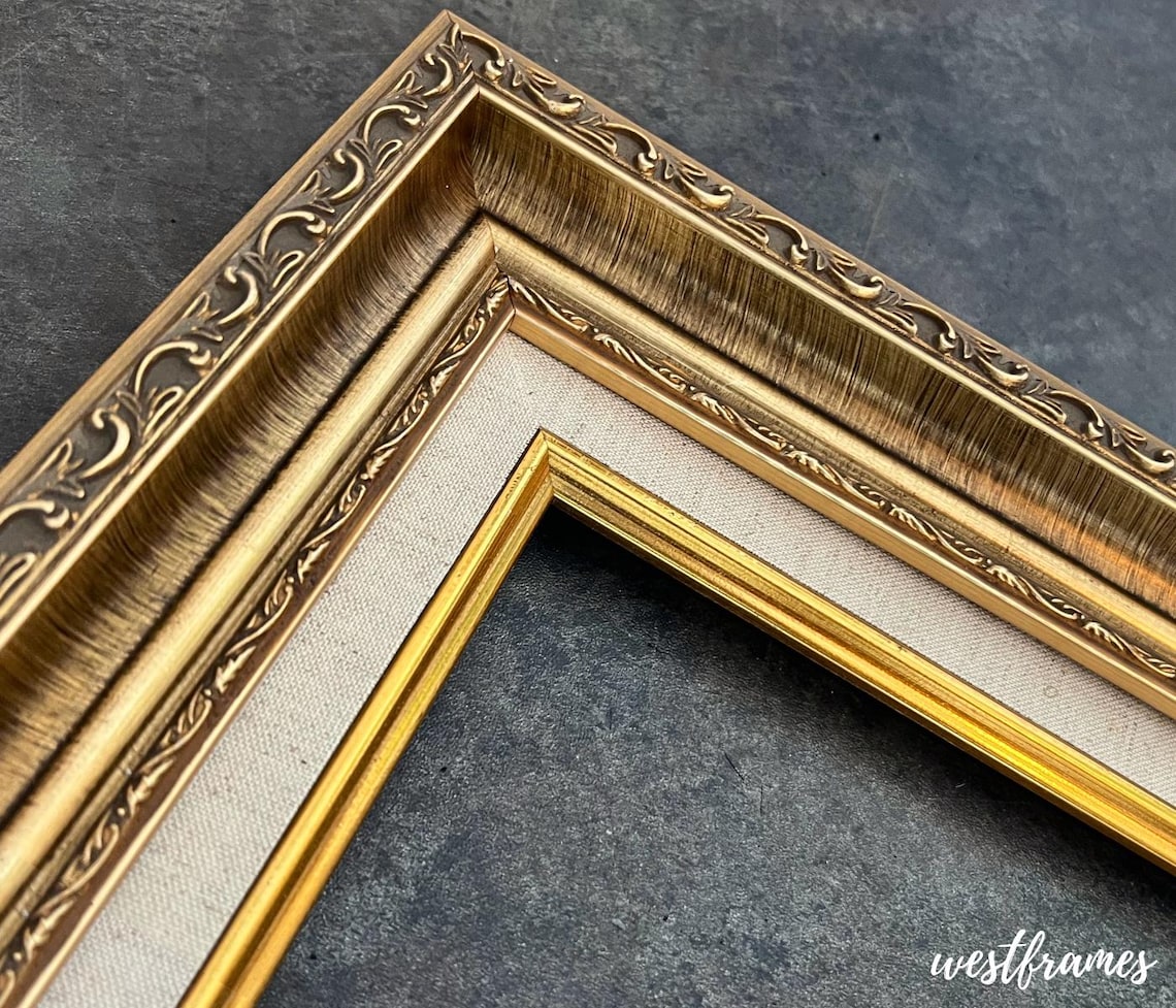 Antique Gold Ornate Picture Frame Natural Linen Liner 3