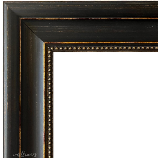 Distressed Black Gold Wall Picture Frame, Canvas Art Photo Frame 2" Wide, Custom Frames For Wall Art, West Frames Montreal Frame