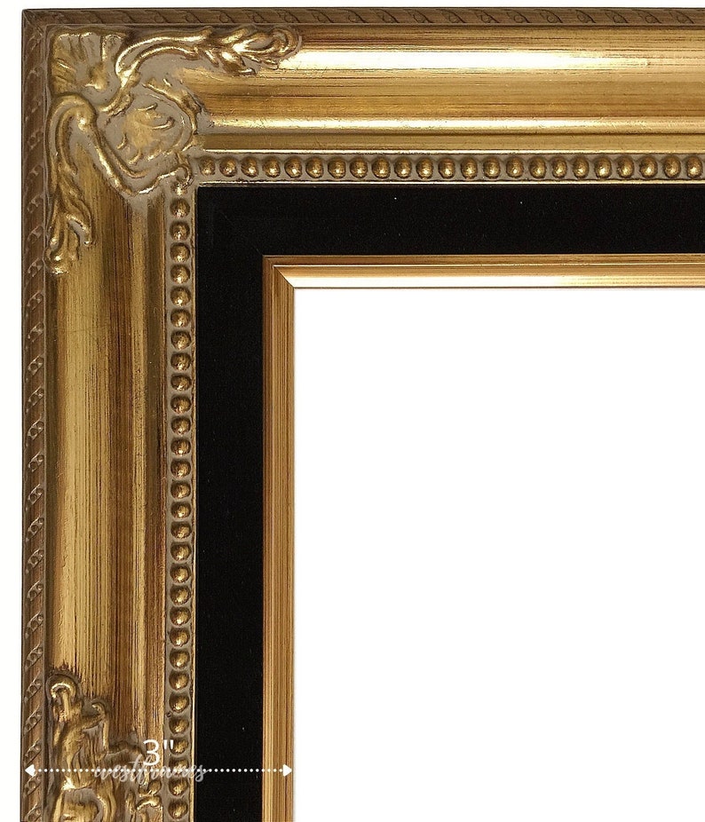 West Frames Estelle Antique Gold Leaf Wood French Baroque Picture Frame with Black Velveteen Liner 3' Wide 