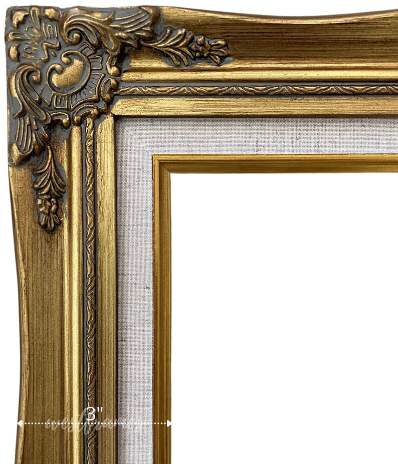West Frames Daisy Antique Gold Leaf Wood Ornate French Baroque Picture Frame with Natural Linen Liner 3' Wide 