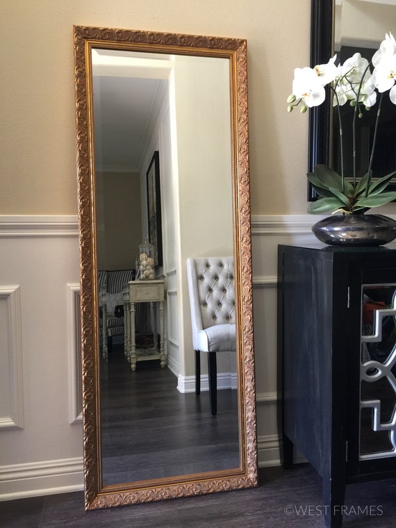 West Frames Bella Ornate Embossed Wood Antique Gold Framed Leaner Floor Mirror