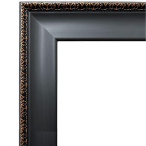 May include: A corner of a black picture frame with a decorative bronze-colored trim. The frame has a matte finish and a classic design, suitable for various artwork styles. The text "westframes" is visible in the lower left corner.