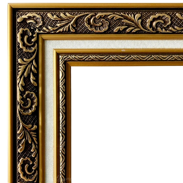 Antique Gold Ornate Linen Liner Picture Frame 2.5" Wide, Custom Frame for Canvas Art Photo Gallery Frames, West Frames Elsie Frame