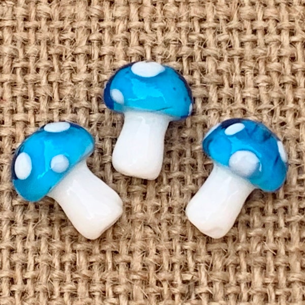 5 | 10 Transparent Aqua Polka Dot Mushrooms | Lampwork Glass Beads | Whimsical Jewelry | Food Beads |  10x13mm