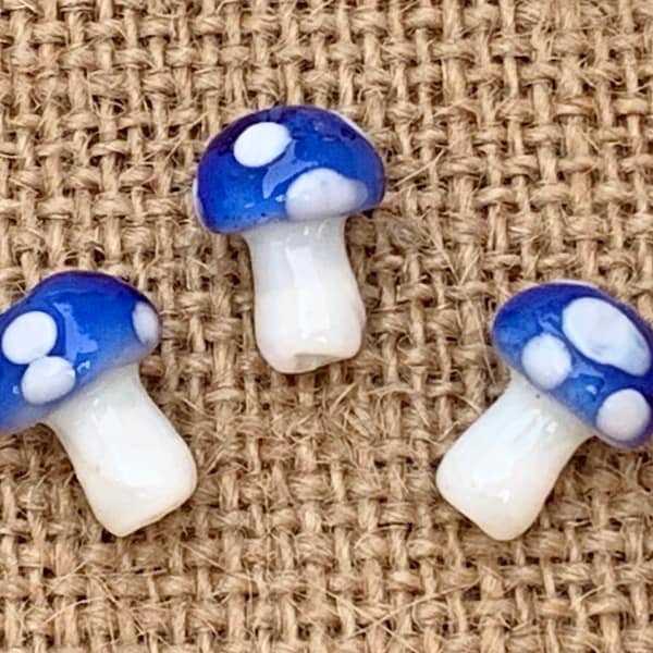 5 | 10 Blue Polka Dot Mushrooms | Lampwork Glass Beads | Whimsical Jewelry | Food Beads  | 10x13mm
