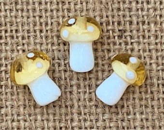 5 | 10 Champagne Polka Dot Mushrooms | Lampwork Glass Beads | Whimsical Jewelry | Food Beads | 10x13mm