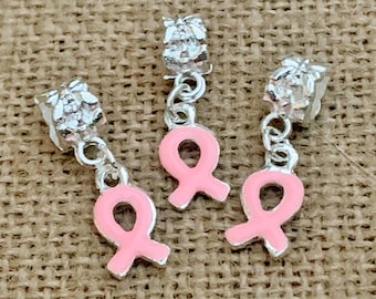 3 | 5 | Pink Ribbon Dangle Charm | Large Hole Beads Breast Cancer Awareness Jewelry | 8x27mm