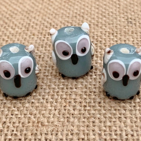 3 | 5 | Gray Owl Beads | Lampwork Glass | Owl Earrings | 16x14x12mm