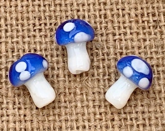 5 | 10 Blue Polka Dot Mushrooms | Lampwork Glass Beads | Whimsical Jewelry | Food Beads  | 10x13mm