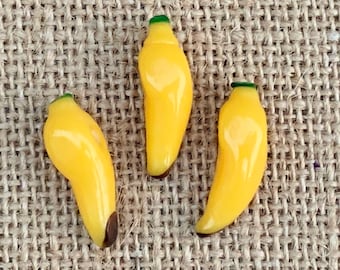 3 Yellow Banana Beads | Lampwork Glass | Food Jewelry Beads | 8x22-25mm