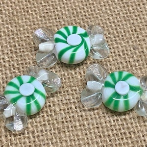 3 | 5 Green Wrapped Peppermint Beads | Christmas beads | Lampwork Glass | 15x28mm