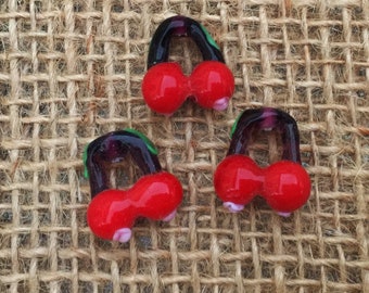 1 | 3 | 5 Sweet Cherry Beads | Lampwork Glass | Food Jewelry Beads | 14x16x8mm