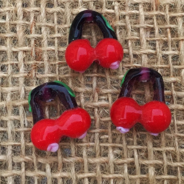 1 | 3 | 5 Sweet Cherry Beads | Lampwork Glass | Food Jewelry Beads | 14x16x8mm