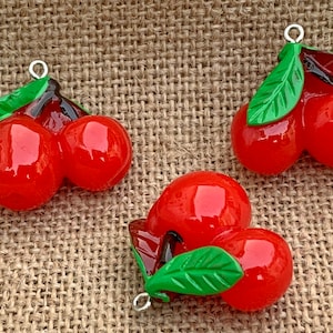 1 | 2 | 5 Big Red Cherry Charms | Resin | Food Jewelry | 25x28mm