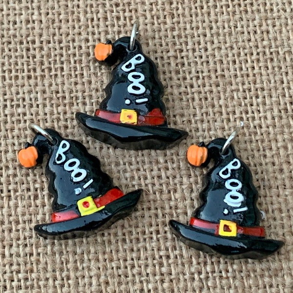 Boo Witch Hat Charms | Black & Red | Resin | Halloween Embellishments | 25x25mm