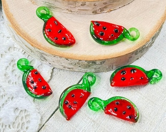 3 | 5 | 10 Watermelon Slices Charms Beads | Lampwork Glass | Food Jewelry Beads | 10-15x22-25mm