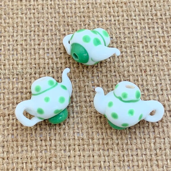 Green Teapot Beads | Lampwork Glass Beads | 20x14x13mm