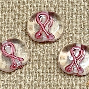 3 | 5 Pink Ribbon Clear Disc Beads | Awareness beads | Vertical Hole | 15x15x6mm