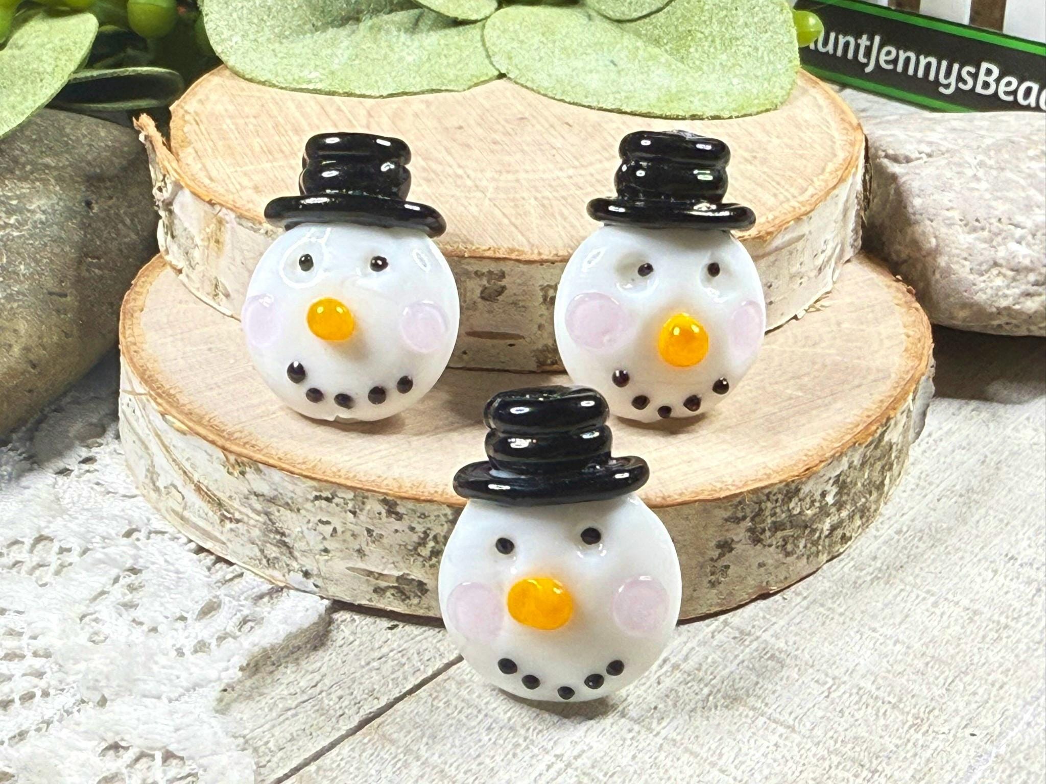 Lot De 5 Perles En Verre Lampwork Tête De Bonhomme De Neige - Fait Main, Pour Création De Bijoux