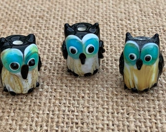 2 | 5 | Black Owl Beads | Lampwork Glass | Owl Earrings | 16x14x12mm