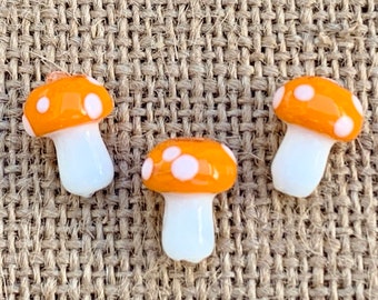 5 | 10 Orange Polka Dot Mushrooms  | Lampwork Glass Beads | Whimsical Jewelry | Food Beads | 10x13mm