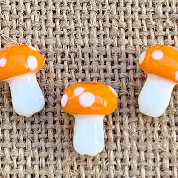 5 | 10 Orange Polka Dot Mushrooms  | Lampwork Glass Beads | Whimsical Jewelry | Food Beads | 10x13mm
