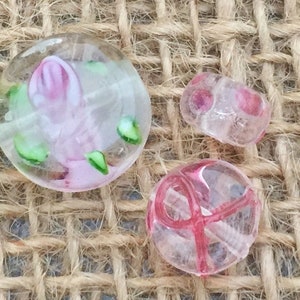 3 | Pink Awareness Ribbon and Roses Lampwork Glass Beads | Pink Ribbon Awareness | Breast Cancer Jewelry | 9-14mm