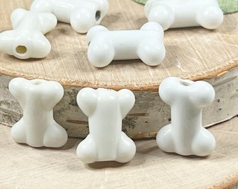 3 | 5 White Dog Bone Beads | Lampwork Glass | Animal Jewelry | Dog Bone Earrings | 12x15mm