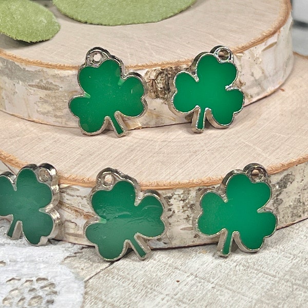 5 | 10 Green Enamel Shamrock Charms | Irish Jewelry | 16x18mm