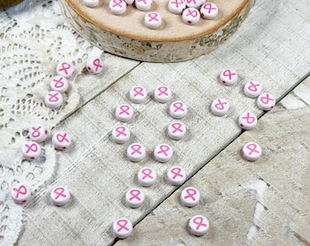 25 | 50 | 100 Mini Pink Ribbon Beads | Acrylic | Awareness Jewelry | Horizontal Hole | 7x4mm