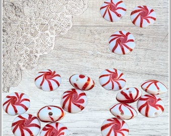 3 | 5 | 10 | 25 Red Peppermint Candy Beads | Round Disc | Lampwork Glass | 15x6mm