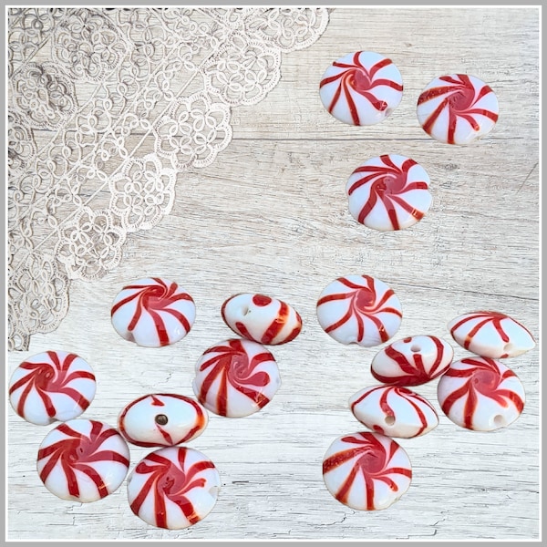 Red Peppermint Candy Beads | Round | Lampwork Glass | 15x6mm