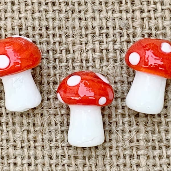 5 | 10 Red Polka Dot Mushroom Beads | Whimsical Jewelry | Food Beads | Lampwork Glass | 12x15mm