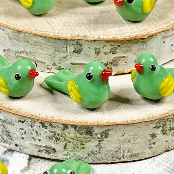 3 | 5  Green Birds Beads | Lampwork Glass | Bird Jewelry | Parrots | 10x10x22-25mm