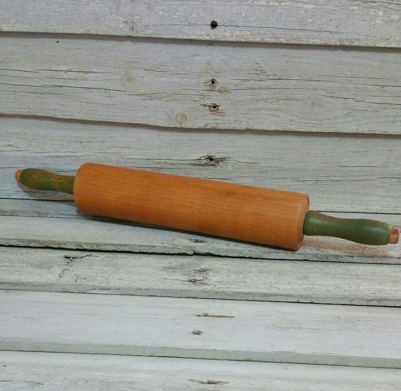 Vintage Wooden Rolling Pin Baking Tool Green Handled Image 0