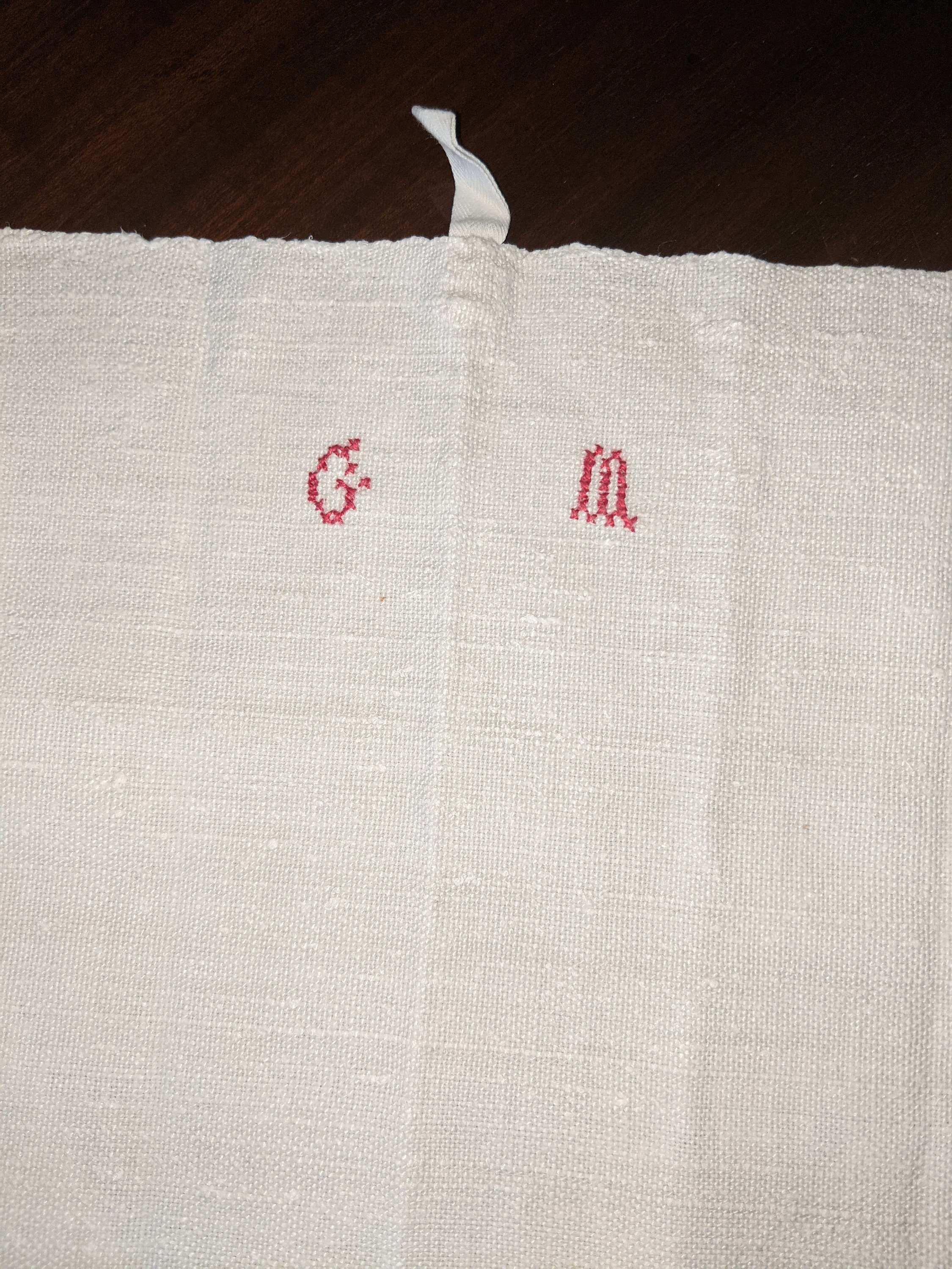 Long Antique Français Hand Towel, Homespun Linen Chanvre, G M Monogramme