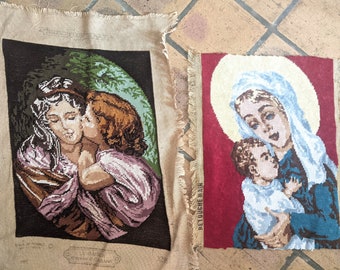 2 x Hand Sewn Completed Vintage French Needlepoint Tapestries 'Mother and Baby' Madonna & Child. Hand Sewn