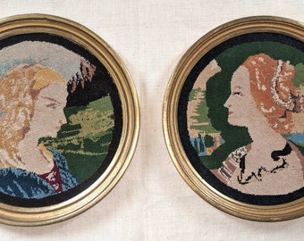 Pair of round framed petit point needlepoints. Vintage/Antique French Hand Sewn with the tiniest of Stitches Needlepoint.