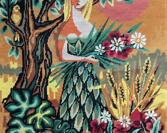 Belle grande broderie vintage cousue à la main complétée de style moderniste 'ETE' été 57 x 72 cm