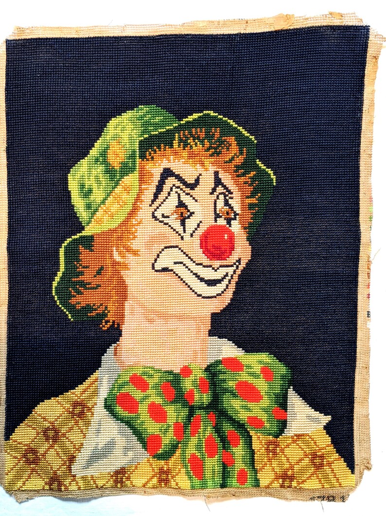Le Clown. Vintage French Completed Needlepoint. Ideal for Rework Bags